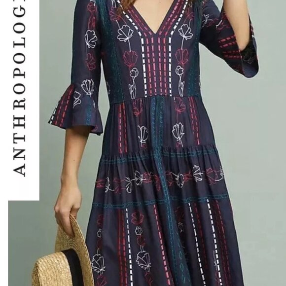 Anthropologie | Dresses | Anthropologie Blue Embroidered Dress | Poshmark